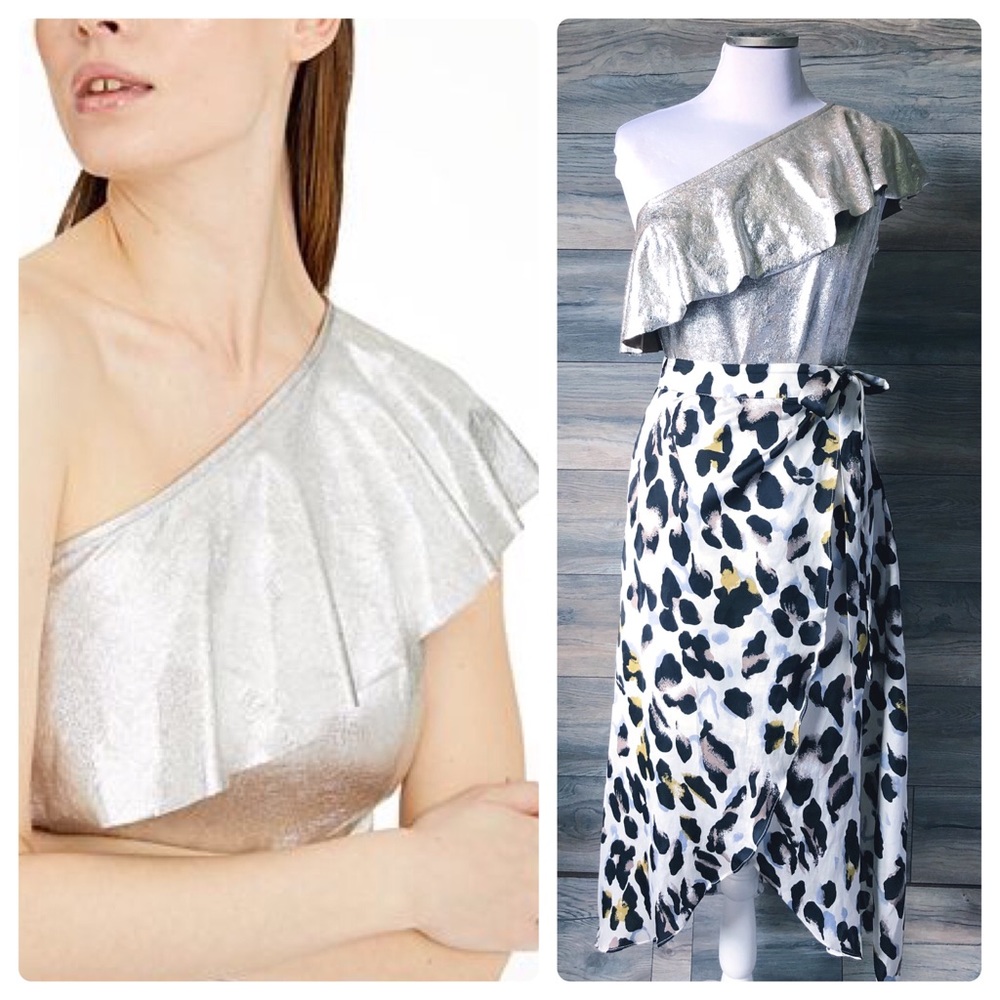 INC silver metallic asymmetrical ruffle top S